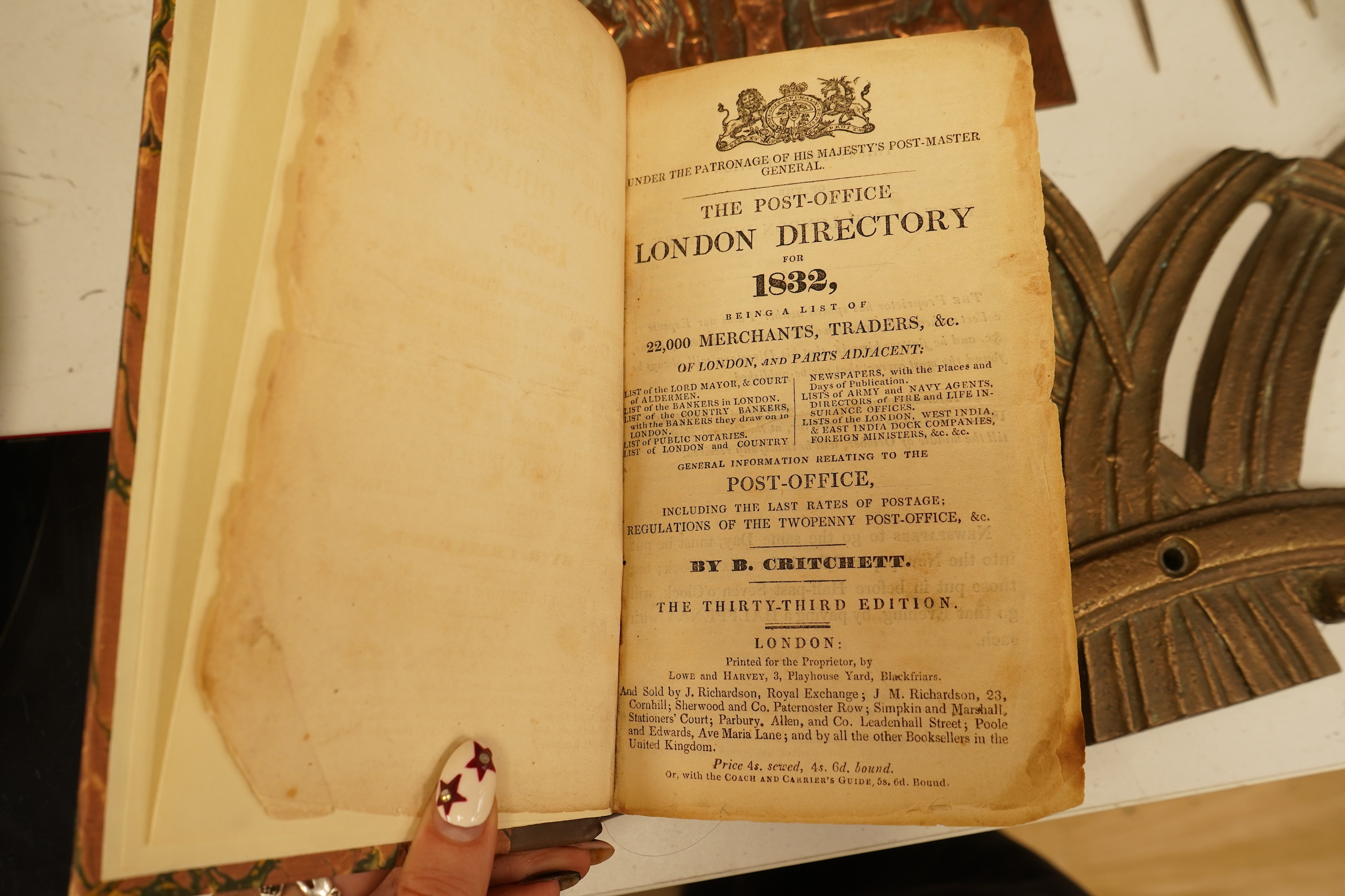 Critchett, B. - The Post Office and London Directory for 1832 ... newly rebound calf backed marbled boards, gilt ruled spine with red label, cr. 8vo.; Frederic Kelly's Post Office London Directory, 1849 ... folded plan;